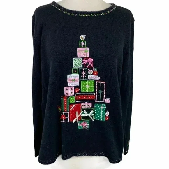 Vintage Tiara International XL colorful black Christmas sweater - Picture 1 of 6